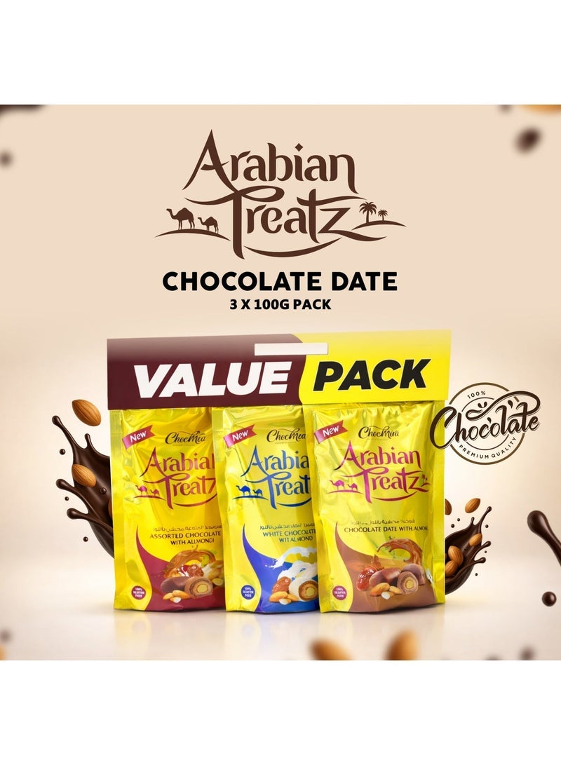 Arabian Treatz Chocomira Arabian Treatz Value Pack – Chocolate Dates with Almonds Assorted – 100% Gluten Free – Premium Middle Eastern Sweets – Gift Pack – 3 x 100g Pouches - Image 2